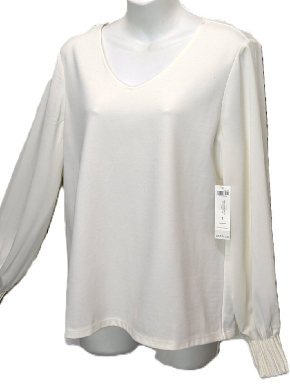 Chico’s Pull Over Ponte Top Pleated cuff Ivory Ecru Size 1 Med Blouse sleeve